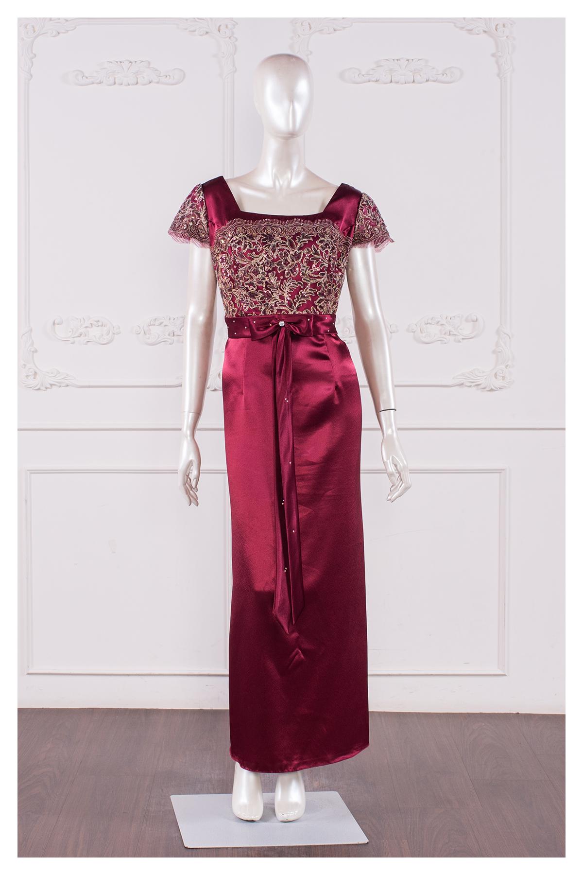 酒紅拼蕾絲禮服
